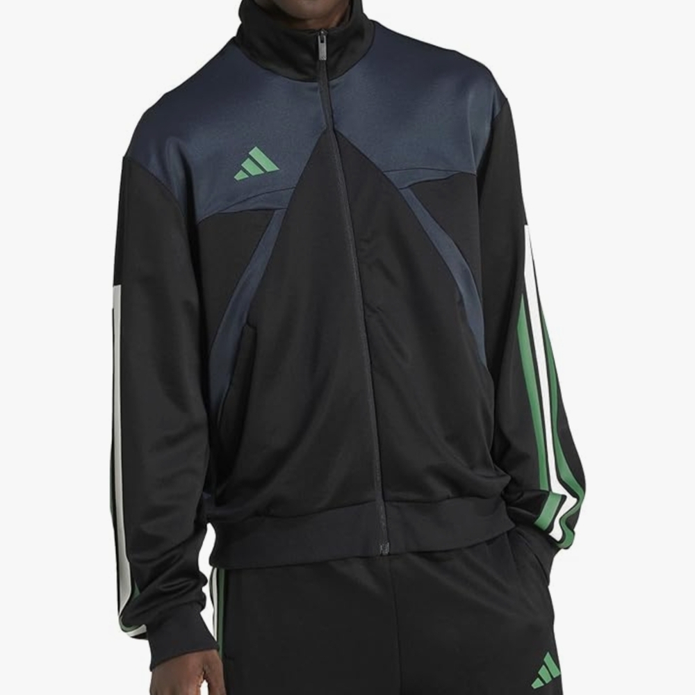 Adidas Men's Black and Green Track Jacket | M size — Loose Fit